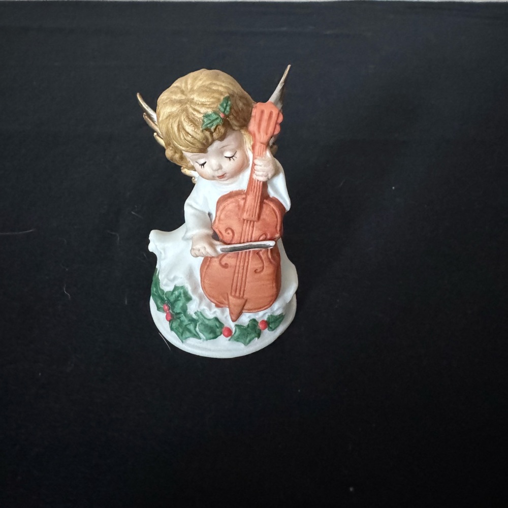 LEFTON Angel Figurine Playing Cello/Bass with Holly Garland